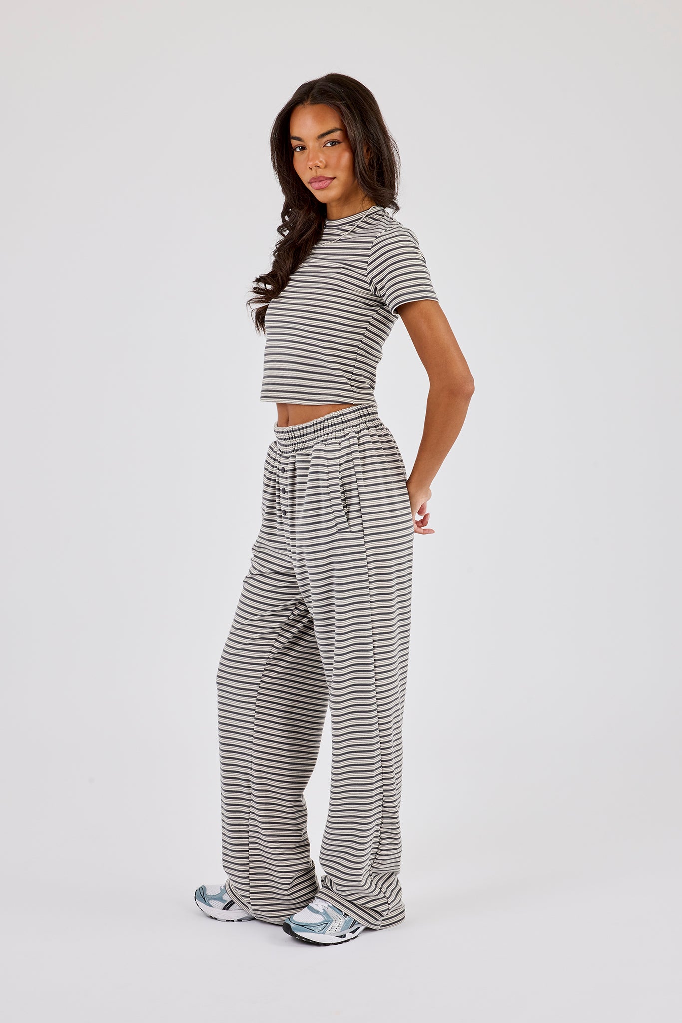 Soft Touch Double Stripe Short Sleeve Top & Button Detail Wide Leg Jogger - Grey